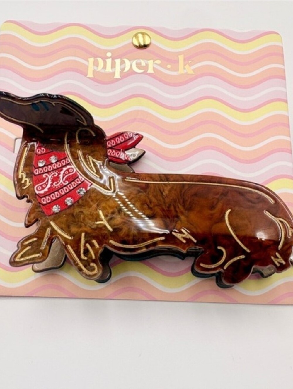 ❤️▪️Piper K▪️Acrylic Dachshund Hair Clip in Tortoiseshell with Red Bandana